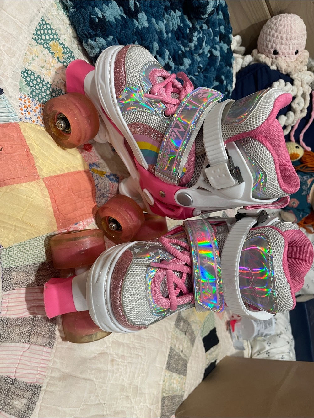 Kids Pink Holographic Light-Up Roller Skates